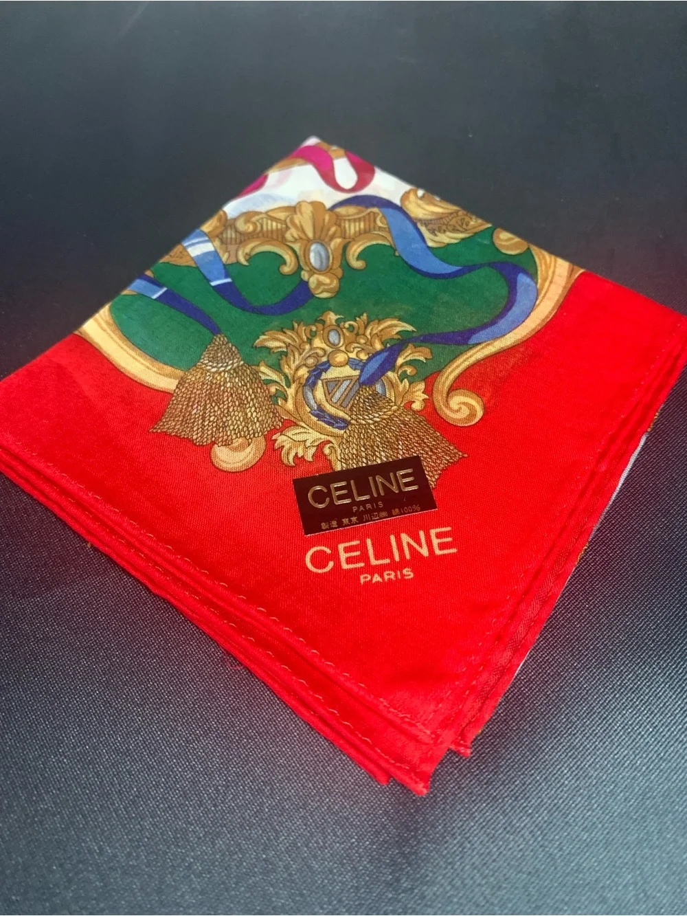 Celine Red Mini Scarf with Gold & Green Baroque Motif